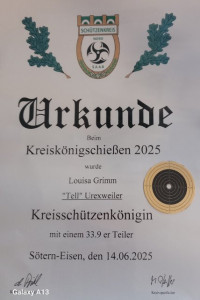 Urkunde der Kreisschützenkönigin Louisa Grimm